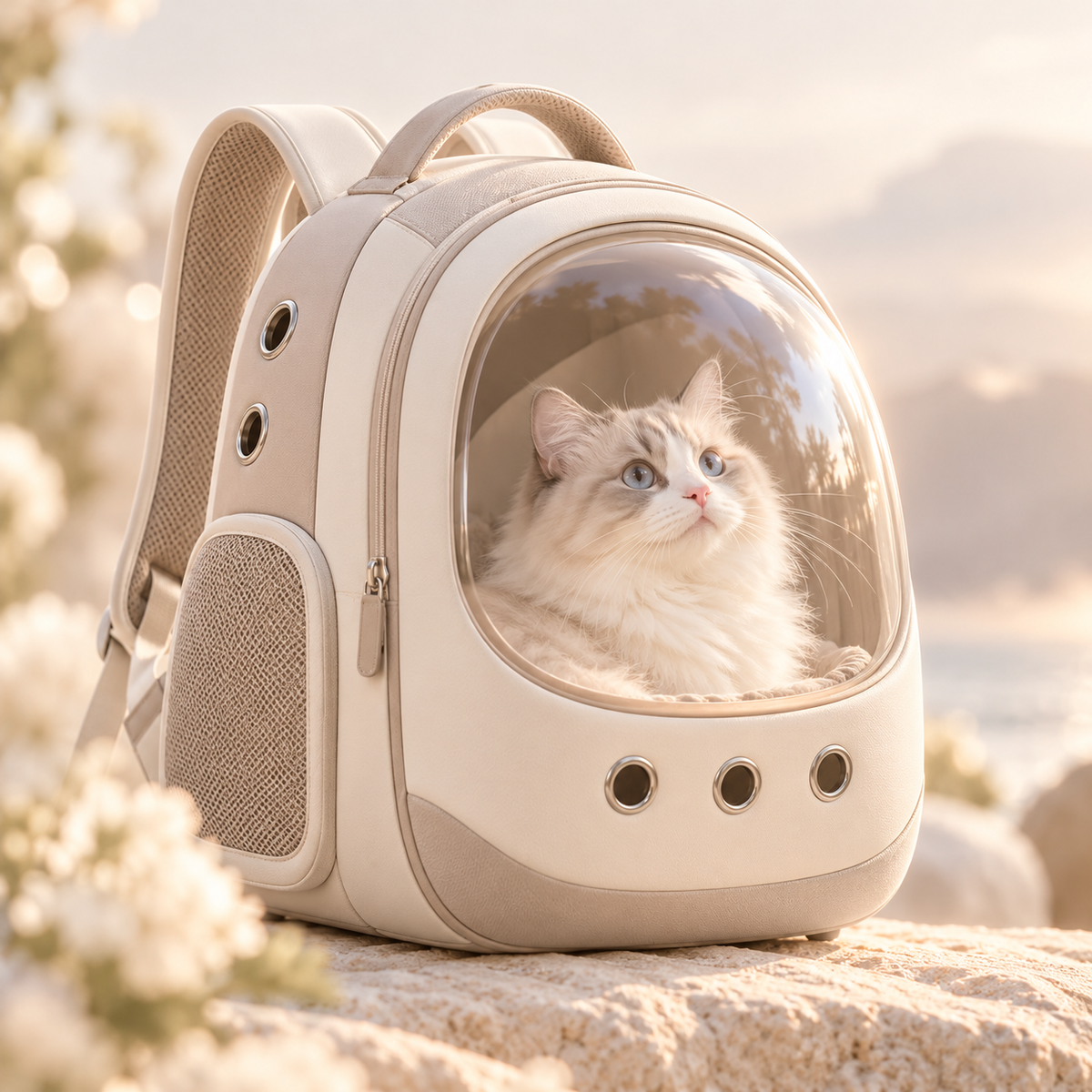 Cream bubble-window cat carrier backpack