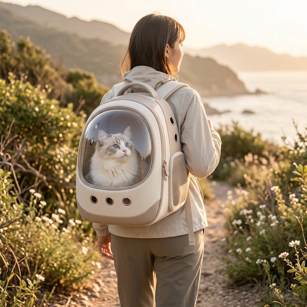 Cream bubble-window cat carrier backpack
