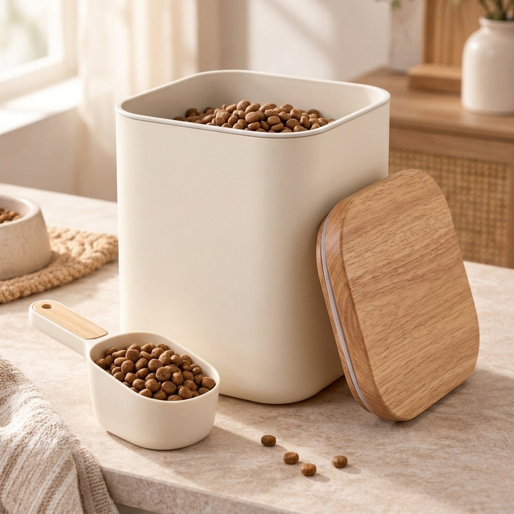 Cream pet food storage bin with wood lid and scoop