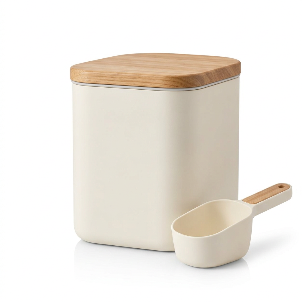 Cream pet food storage bin with wood lid and scoop