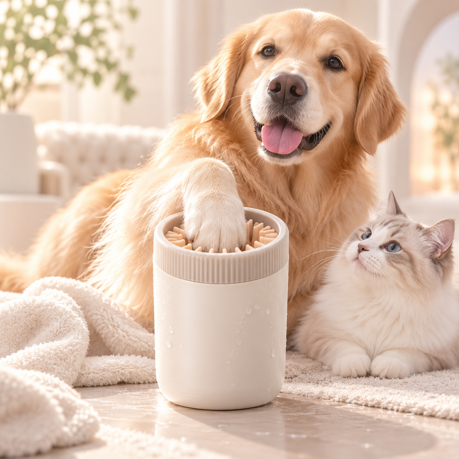Cream silicone-bristle pet paw cleaner cup