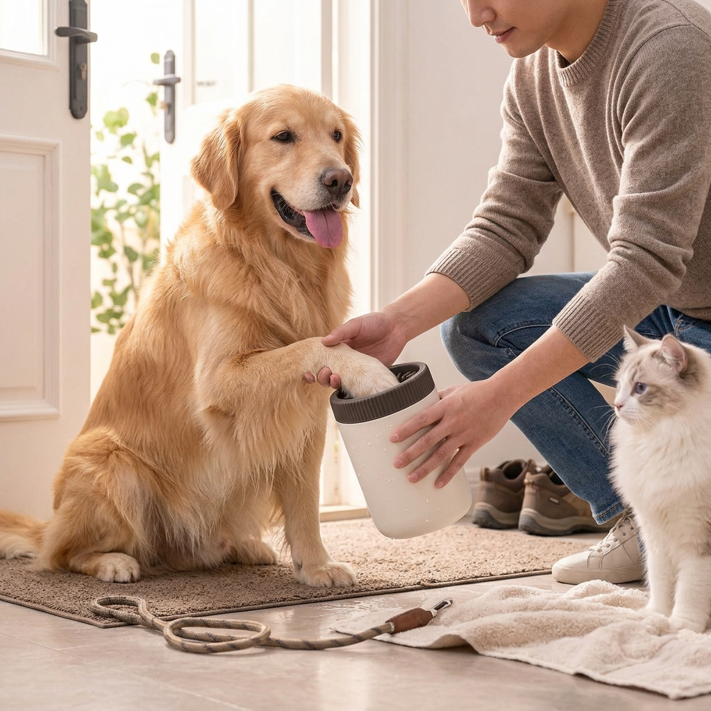 Cream silicone-bristle pet paw cleaner cup