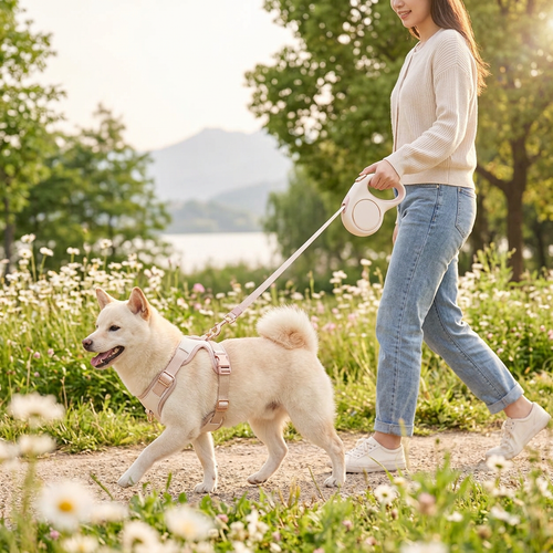 Blush retractable dog leash and padded harness set