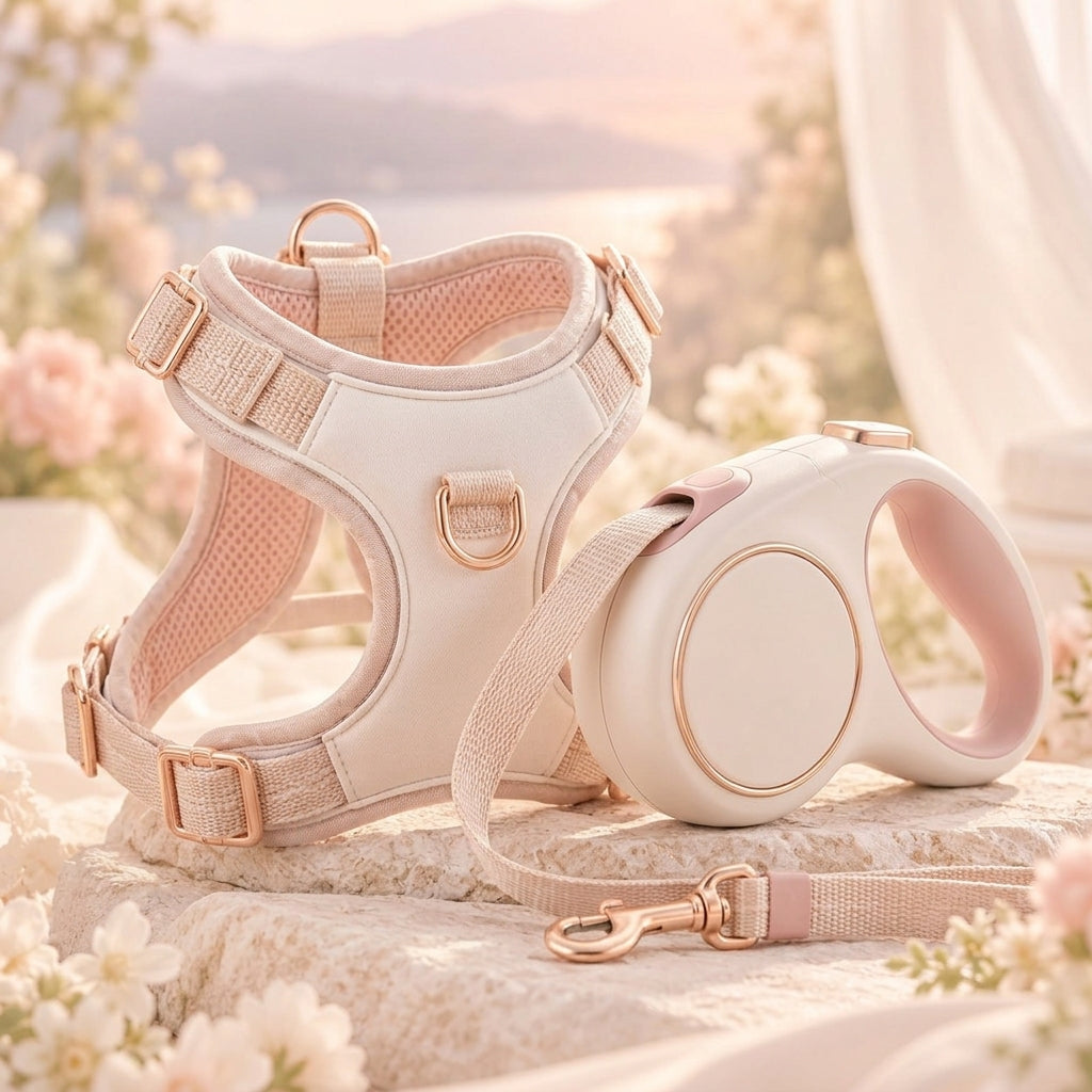 Blush retractable dog leash and padded harness set