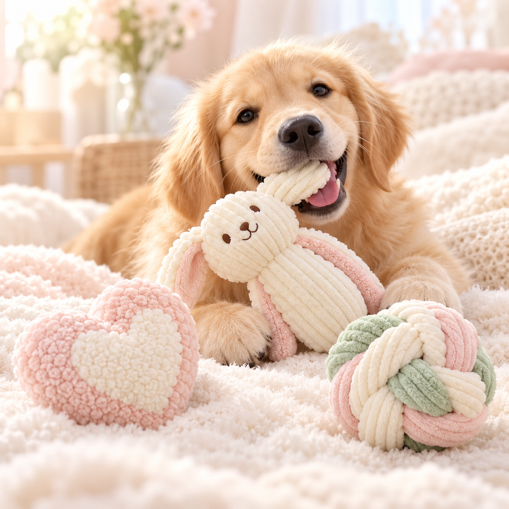Pastel bunny, heart and knot plush dog toy set