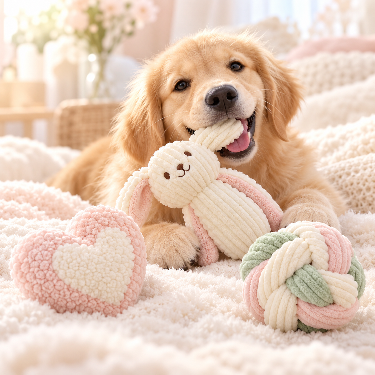 Pastel bunny, heart and knot plush dog toy set