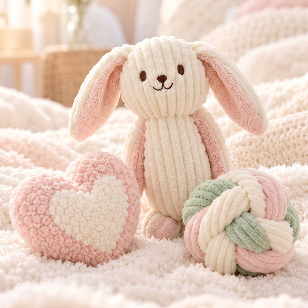 Pastel bunny, heart and knot plush dog toy set