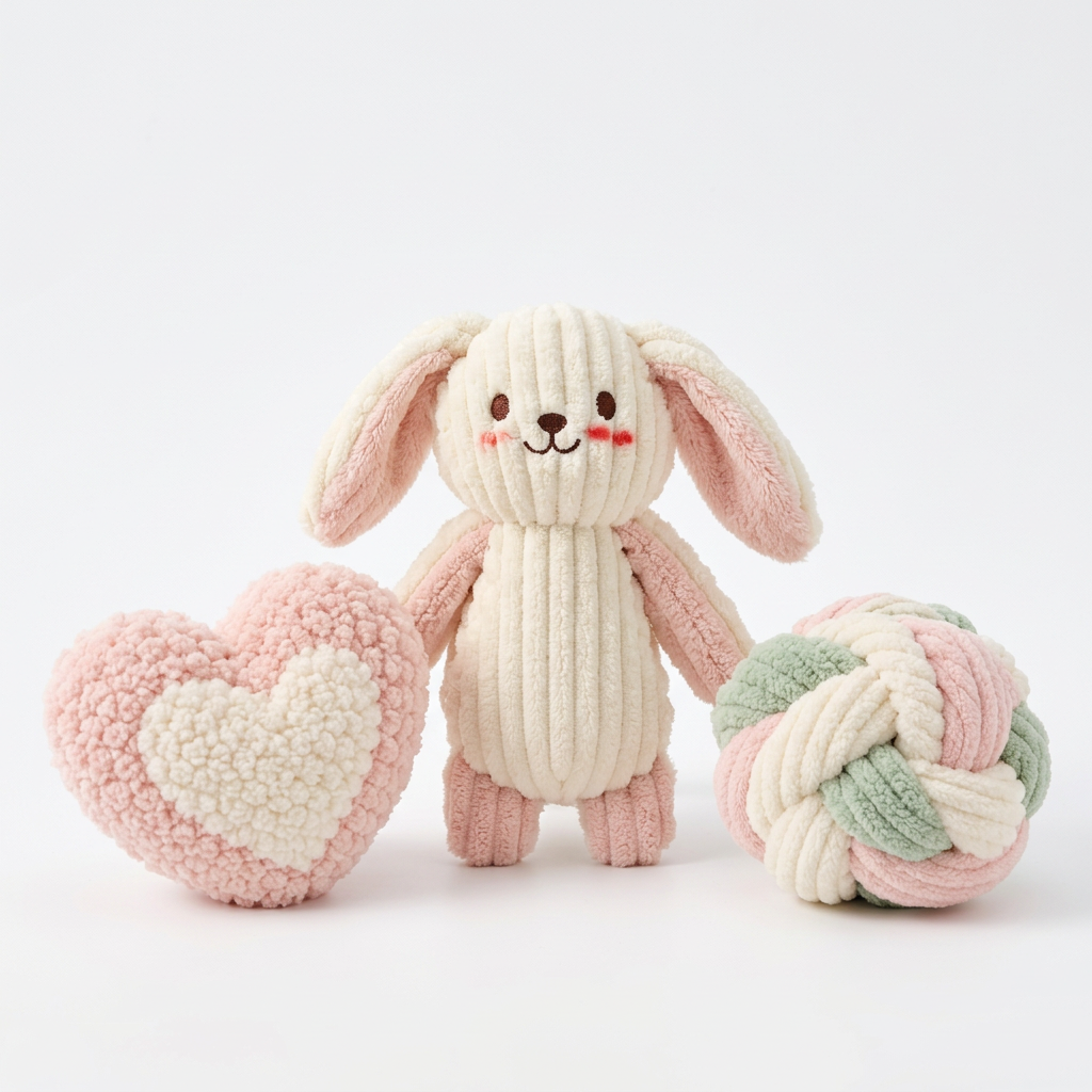 Pastel bunny, heart and knot plush dog toy set