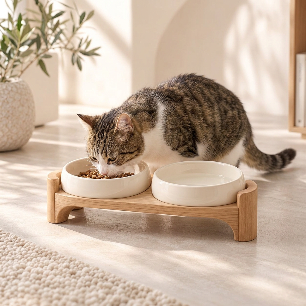 Cream ceramic double pet bowls with natural wood stand