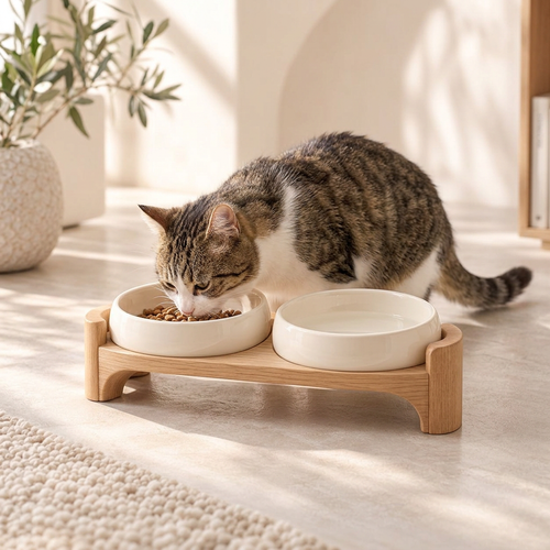 Cream ceramic double pet bowls with natural wood stand