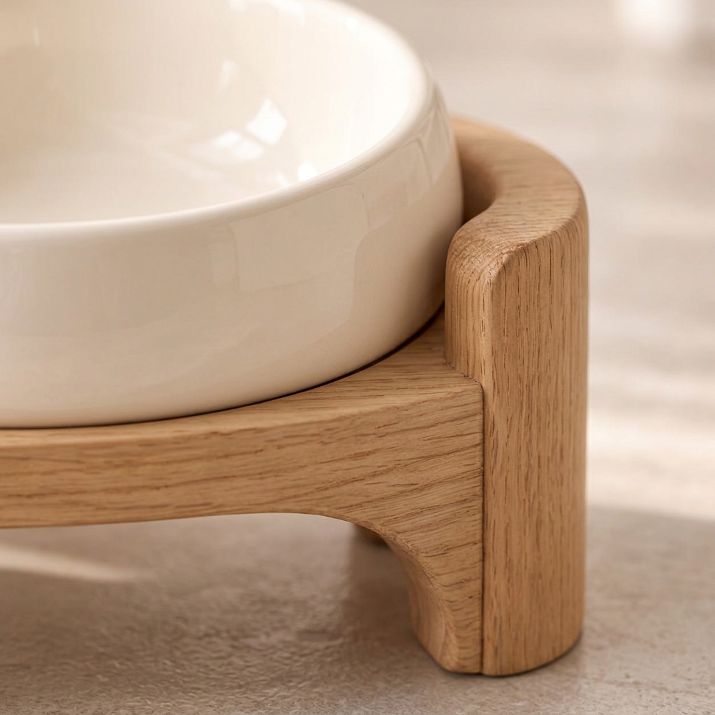 Cream ceramic double pet bowls with natural wood stand