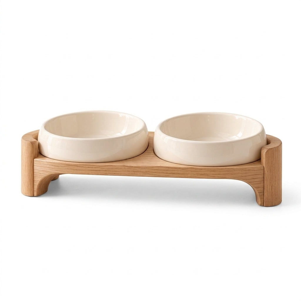 Cream ceramic double pet bowls with natural wood stand