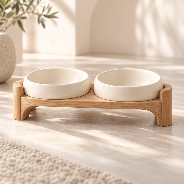 Cream ceramic double pet bowls with natural wood stand