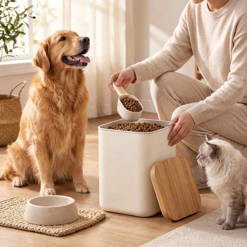 Cream pet food storage bin with wood lid and scoop