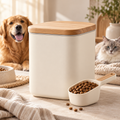 Cream pet food storage bin with wood lid and scoop