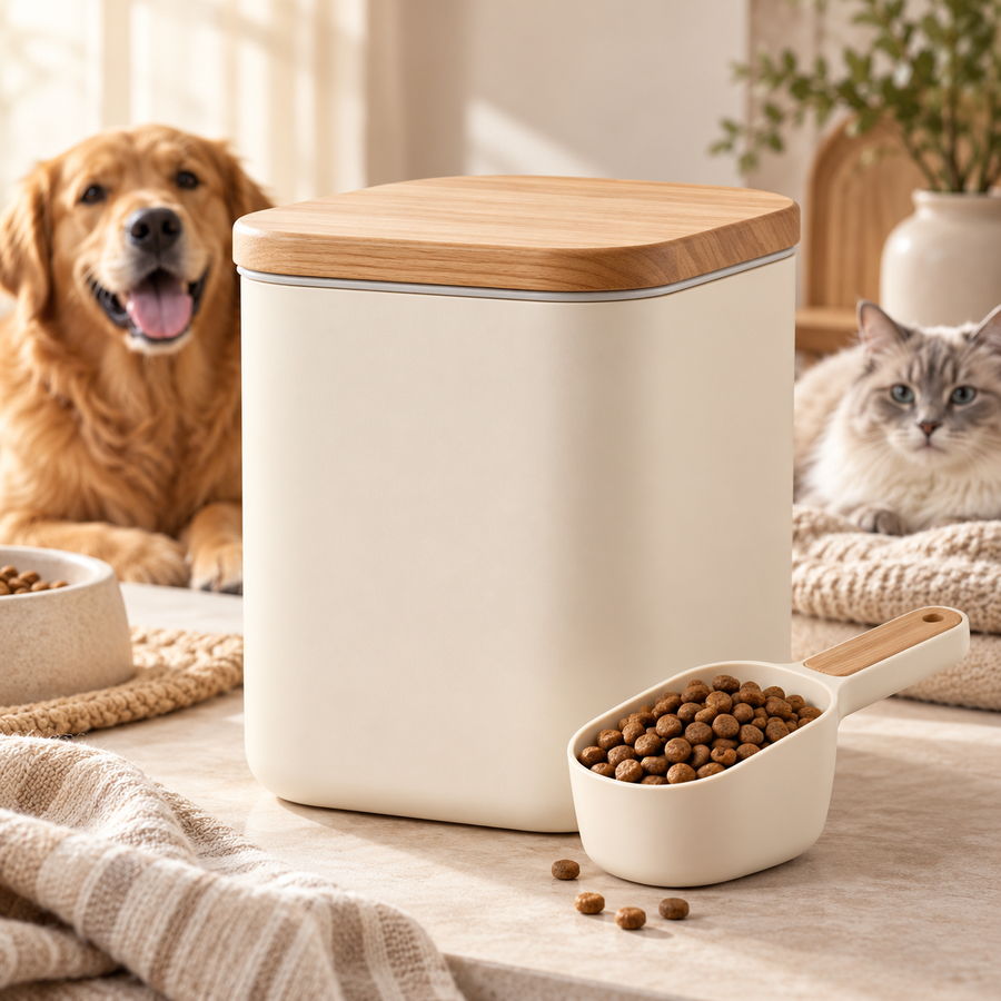 Cream pet food storage bin with wood lid and scoop
